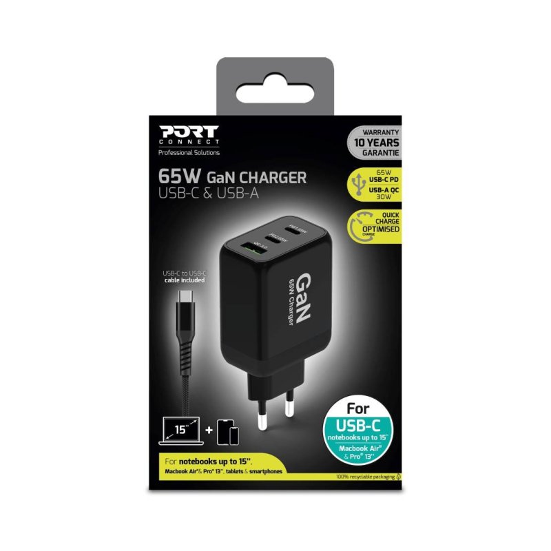 Port 65W GaN wall charger & 2M EU USB-C cable