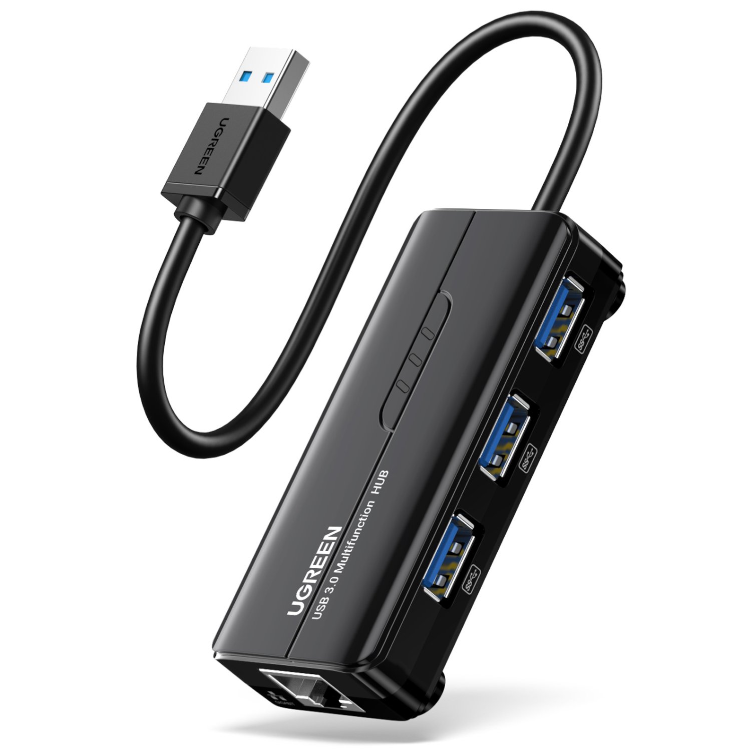 Ugreen USB Type-A Male to Ethernet Adapter with 3-Port USB Hub – Black